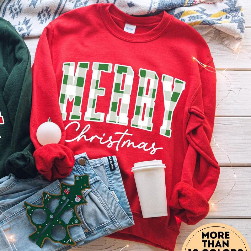 Merry Christmas Sweatshirt, Buffalo Plaid Sweater, Christmas Family Crewneck, Xmas Gift Idea, Woman Xmas Shirt, Cute Winter Holiday Sweatshirt