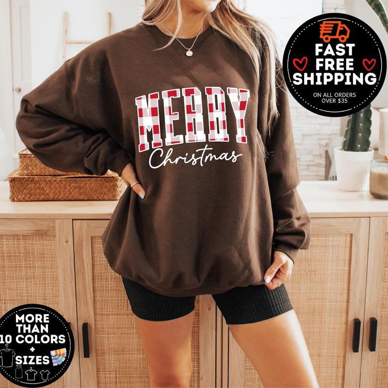 Merry Christmas Sweatshirt, Buffalo Plaid Sweater, Christmas Family Crewneck, Xmas Gift Idea, Woman Xmas Shirt, Cute Winter Holiday Sweatshirt