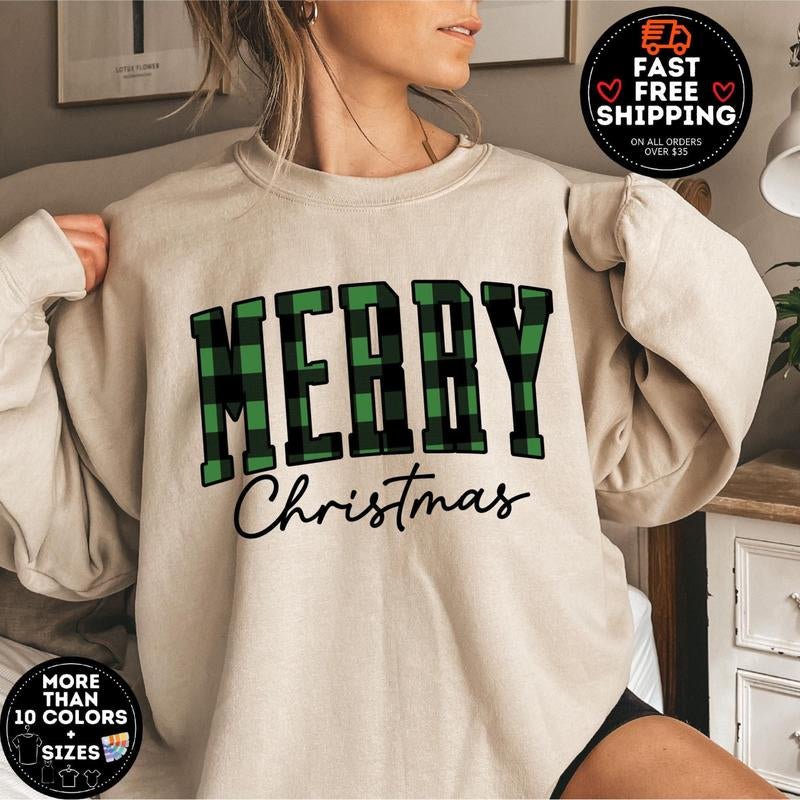 Merry Christmas Sweatshirt, Buffalo Plaid Sweater, Christmas Family Crewneck, Xmas Gift Idea, Woman Xmas Shirt, Cute Winter Holiday Sweatshirt