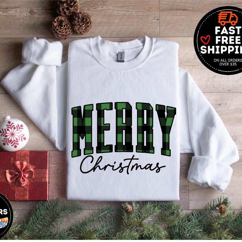 Merry Christmas Sweatshirt, Buffalo Plaid Sweater, Christmas Family Crewneck, Xmas Gift Idea, Woman Xmas Shirt, Cute Winter Holiday Sweatshirt