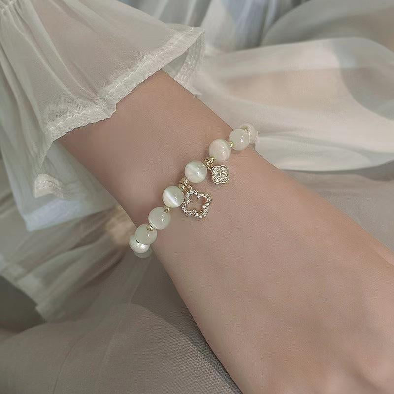 Cat'S Eye Stone Bracelet Clover Crystal Bracelet Elastic Rope Crystal Transfer Bead