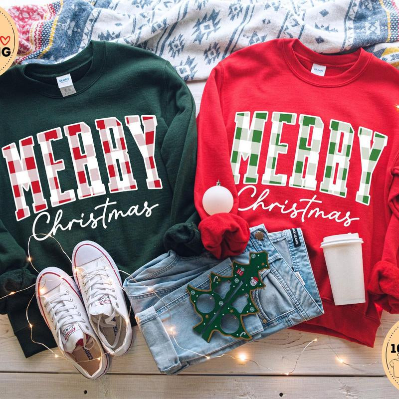 Merry Christmas Sweatshirt, Buffalo Plaid Sweater, Christmas Family Crewneck, Xmas Gift Idea, Woman Xmas Shirt, Cute Winter Holiday Sweatshirt