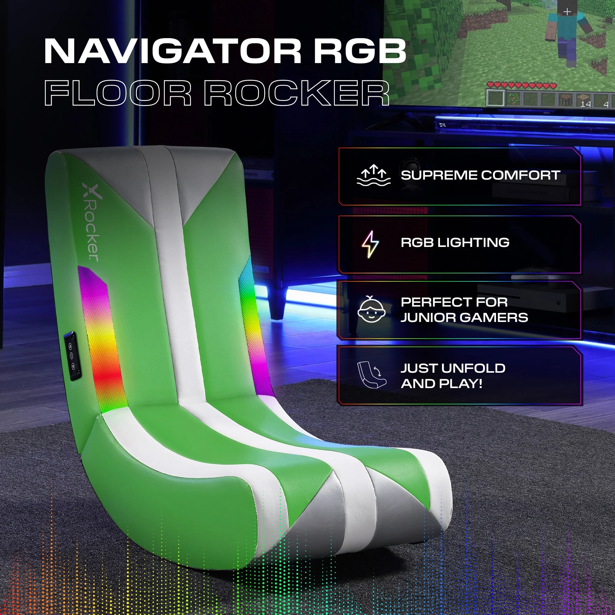 Navigator Floor Rocker Gaming Chair with RGB Lighting, Green