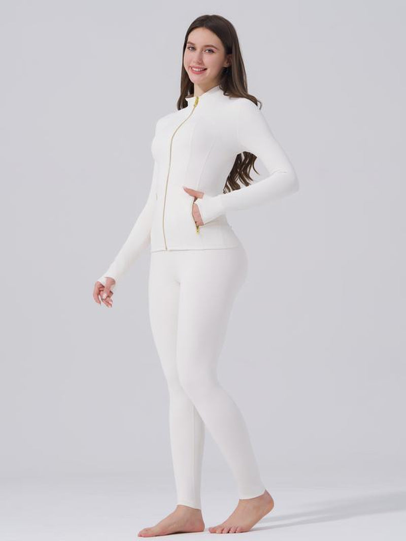 【Golden Zipper】【Gardenia Fragrance】Soft Brushed Women'S Sporty Jacket, 25'' Inseam Leggings. Golden Zipper Jacket with Pockets, Yoga Pants, Thumbholes Design, Casual Wear for Women