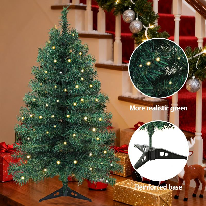 Okicoler 3 Ft Pre-Lit Christmas Tree, Artificial Christmas Trees with Lighting, Xmas Trees with 25 Led Lights, 100 Branch Christmas Decoration for Home, Office, Easy Assembly Ornaments